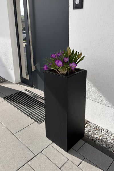 Hoher, schwarzer Pflanzkübel in Säulenform vor einer modernen Haustür, bepflanzt mit violetten Krokussen auf einer hellgrauen Steinterrasse.