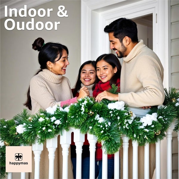 Familie steht auf einer mit einer Tannengirlande geschmückten Veranda. Happymas Logo.