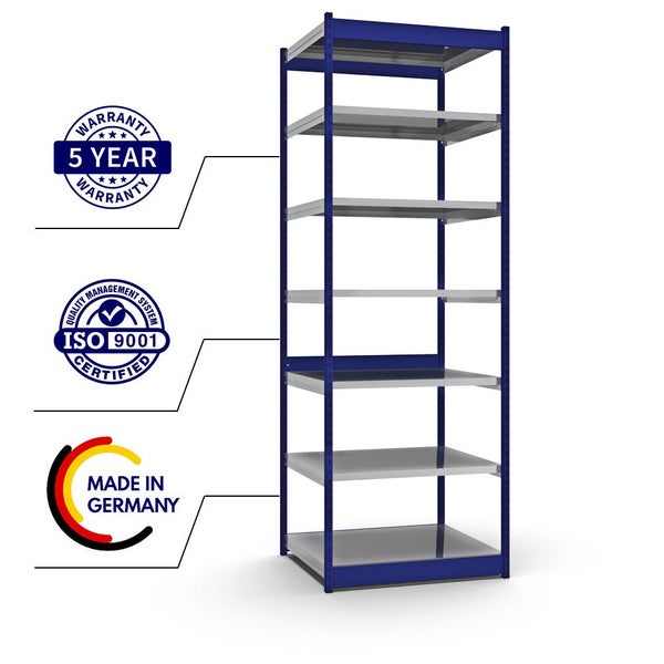 PROREGAL Fachbodenregal Stecksystem Vierkant-Profil Grundregal HxBxT 300 x 102,5 x 80 cm 7 Ebenen Einseitige Bauart Fachlast 200 kg Enzianblau