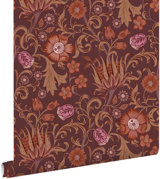 Vliestapete mit floralem Ornament-Muster im Retro-Stil mit Blüten und Blattranken.
