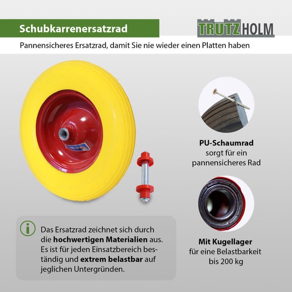 Pannensicheres Schubkarrenersatzrad von Trutzholm aus Polyurethanschaum mit Kugellager, belastbar bis 200 Kilogramm inklusiv Achse.
