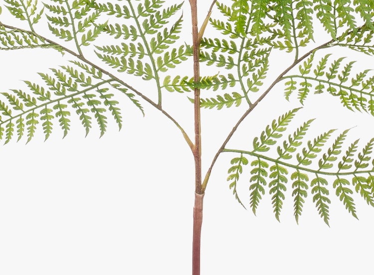 Künstlicher Farnzweig mit detailreichen grünen Blättern und braunem Stiel.