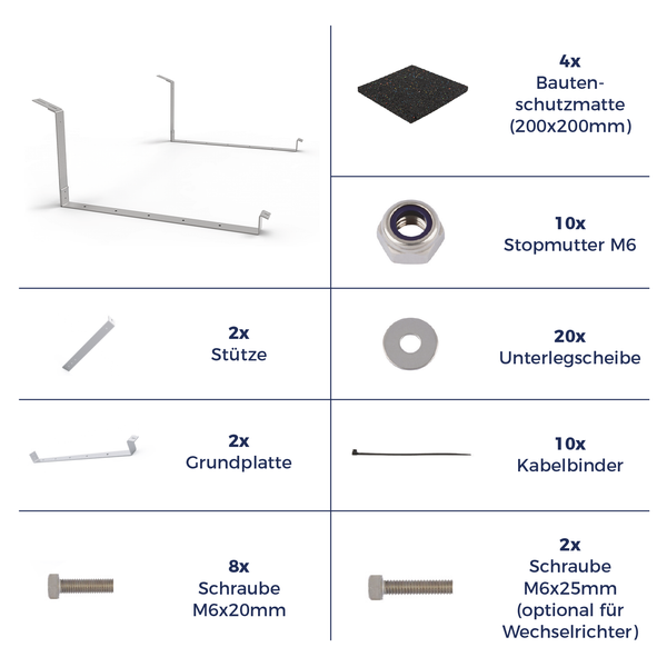 Lieferumfang Montageset bestehend aus Stützen, Grundplatten, Bautenschutzmatten, Stopmuttern, Unterlegscheiben, Kabelbindern und Schrauben.