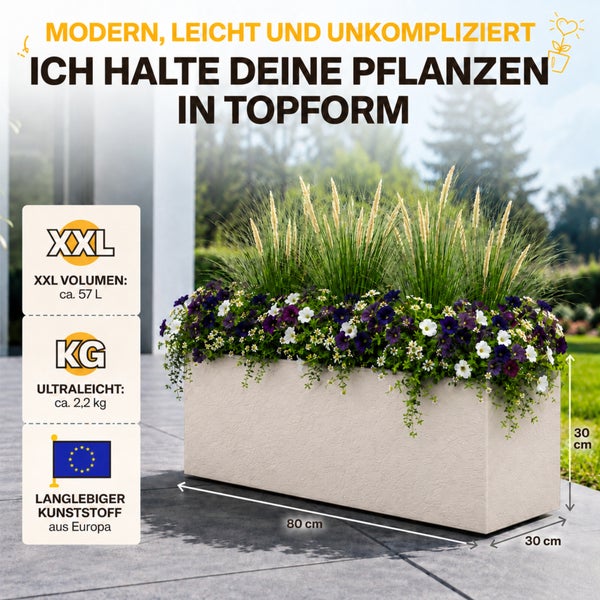Bepflanzter, rechteckiger Kunststoff-Pflanzkasten aus Europa mit circa 57 Litern XXL-Volumen und Maßen von 80 mal 30 mal 30 Zentimetern.