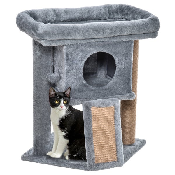 PawHut Kratzbaum 57 cm Kleiner Katzenbaum mit Katzenhöhle, Liegeplattform, Katzenkratzbaum mit Kratzbrett, Spielball, Katzenmöbel für Katzen bis 5 kg Hellgrau