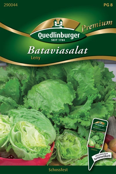 Samenpackung für Bataviasalat Leny von Quedlinburger, schossfest, mit praktischem Sortenetikett.
