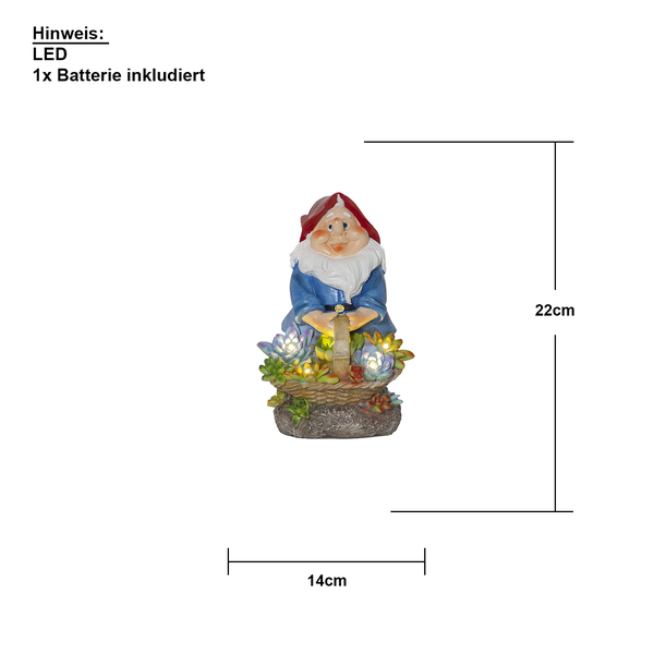 Gartenzwerg mit LED Beleuchtung und Korb, Höhe 22 cm