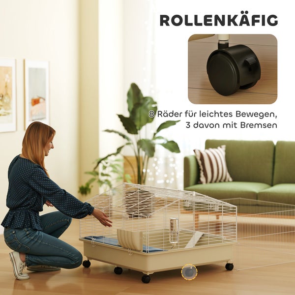 PawHut Kleintierkäfig mit Laufstall, Kaninchenkäfig, Kleintierstall mit Wasserflasche, Heufütterung, Futterschale, Rampe Nagerkäfig mit Rollen für Meerschweinchen und Igel Weiß