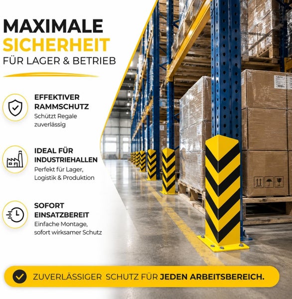 Stabiler Rammschutz aus Metall für Lagerregale in einer Industriehalle mit auffälligem Warnmuster zur Sicherung von Regalstützen.