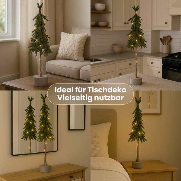 Künstlicher Tannenbaum mit Beleuchtung als Tischdekoration in verschiedenen Wohnbereichen.