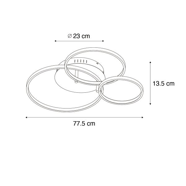 Technische Zeichnung einer Deckenleuchte mit kreisförmigen Elementen und Maßangaben