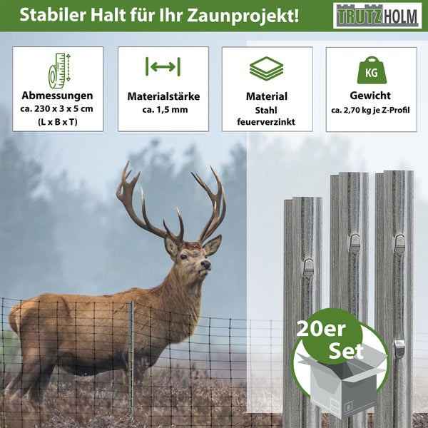 Set aus 20 feuerverzinkten Z Profil Zaunpfosten aus Stahl, 230 cm lang, für Wildzäune und Forstzäune, Trutzholm Logo.