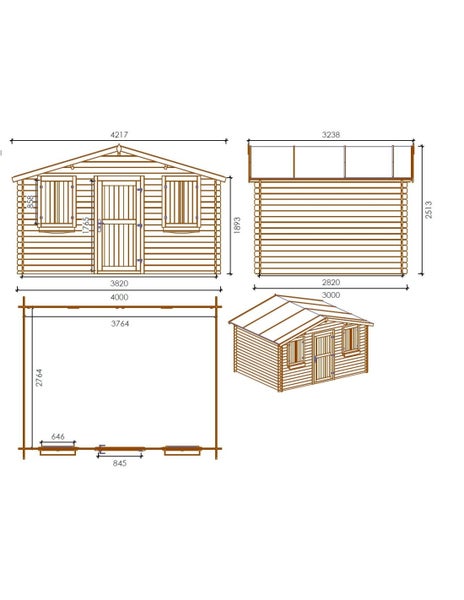 Technische Zeichnung eines Gartenhauses aus Holz mit Frontansicht, Seitenansicht, Grundriss und perspektivischer Ansicht inklusive Maßangaben.