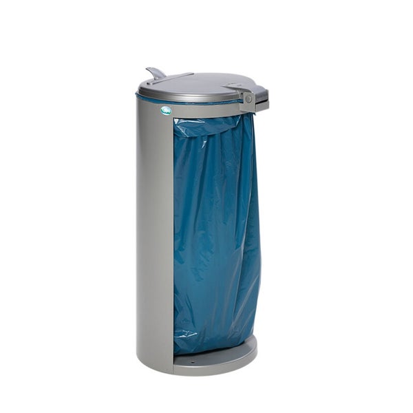 Müllsackständer aus Metall mit Deckel und blauem Müllsack.