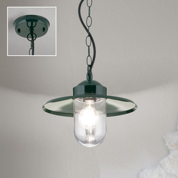 Außenhängeleuchte aus Metall mit Glasschirm, inklusive Kette und Deckenbaldachin.