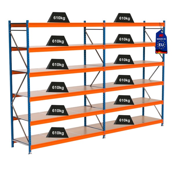 Schwerlastregal mit sechs Regalböden und Kennzeichnung Made in EU