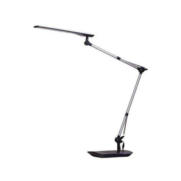 Verstellbare LED-Schreibtischlampe mit silberfarbenem Arm und schwarzem Standfuß.
