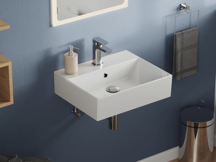 Aqua Bagno Loft KS.50 Waschtisch 50x42 cm – Keramik, Weiß Hochglanz, mit Hahnloch & Überlauf, wandhängend oder als Aufsatzwaschbecken