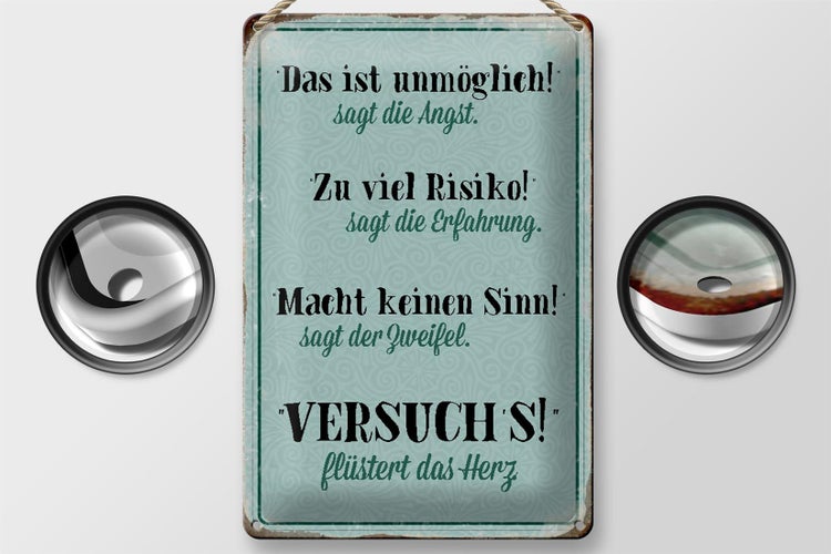 Blechschild Spruch 20x30cm Angst Erfahrung Zweifel Herz blau