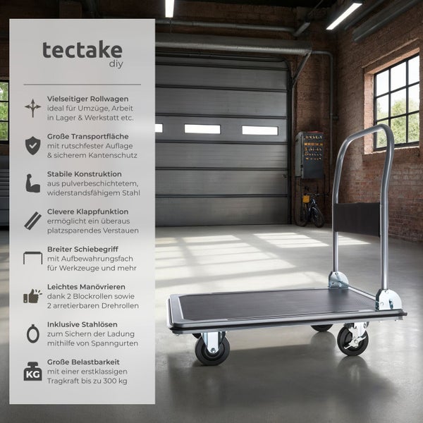 Tectake Rollwagen aus pulverbeschichtetem Stahl mit Transportfläche, Schiebegriff und Rollen in Lagerhalle