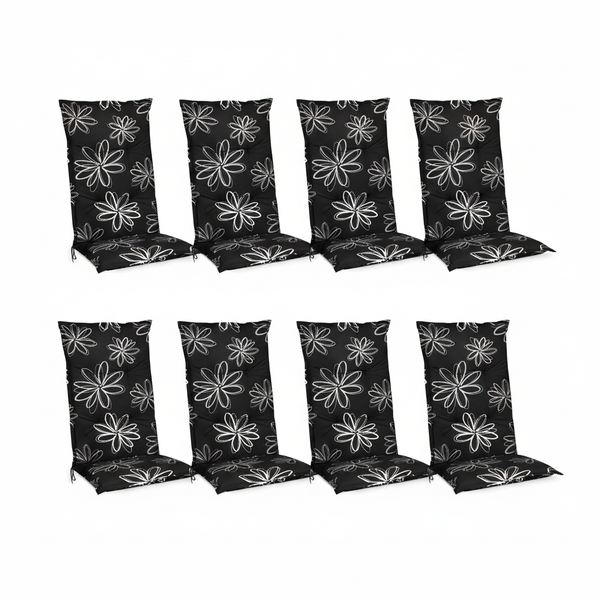 Achtteiliges Set Hochlehner-Auflagen mit Blumenmuster in Schwarz und Weiß.