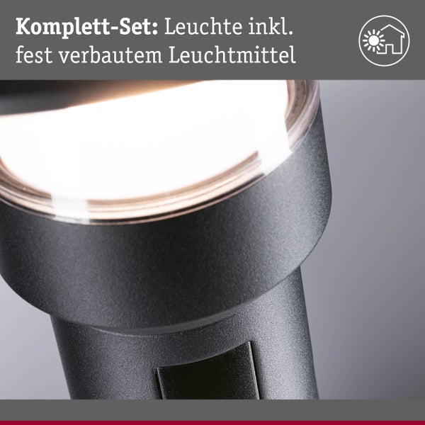 Nahaufnahme einer Außenleuchte inklusive fest verbautem Leuchtmittel. Komplett-Set mit Symbol für Außenbereichseignung.