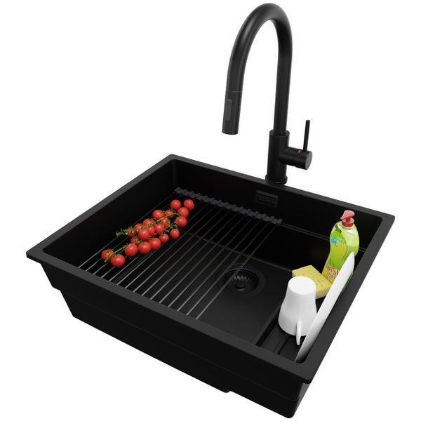 PRIMAGRAN Unterbauspüle Granit Alles Schwarz 56x47cm, Spülbecken 1 Becken + Küchenarmatur 40x20cm + Ablauf-Set + Aufrollbare Abtropffläche, Granitspüle ab 60er Unterschrank - Praga