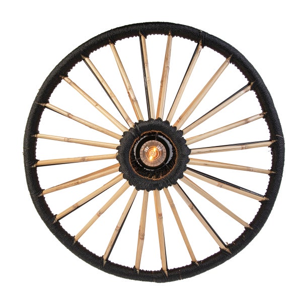 Runde Deckenleuchte mit Bambusstäben und dunkler Seilumwicklung