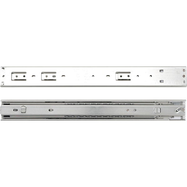 Teleskopschubladenschienen aus Metall mit Kugellager und Befestigungslöchern.