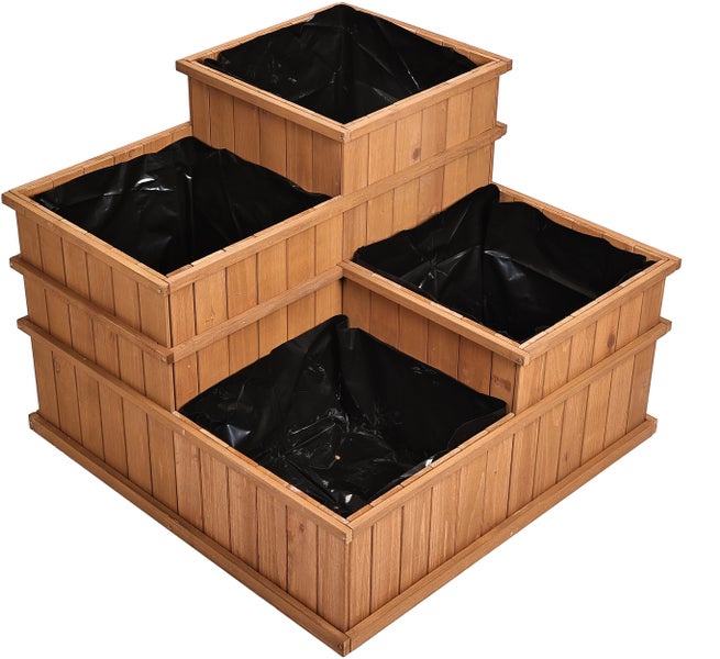 needs&wants® Multi Hochbeet mit 4 Pflanzkästen quadratisch aus Holz für Garten Balkon Terrasse, 4er Pflanzbeet Blumenbeet niedrig mit Folie, 81 x 81 x 61 cm, braun