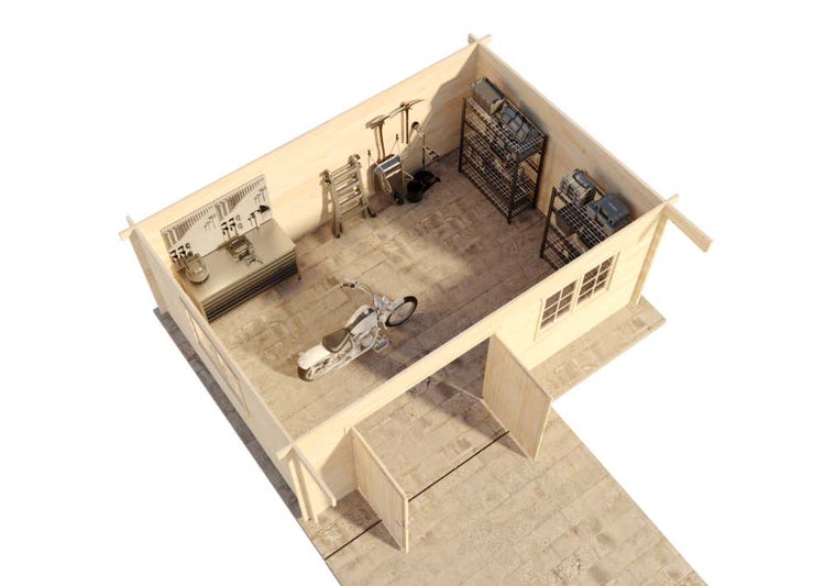 Innenansicht eines Gartenhauses aus Holz, genutzt als Werkstatt und Garage mit Motorrad, Werkbank, Werkzeugwand und Regalen.