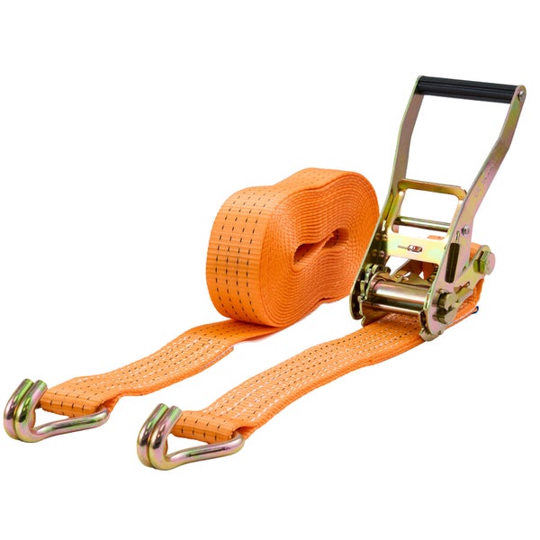 Zweiteiliger Zurrgurt in Orange mit Ratschenverschluss und zwei Spitzhaken aus Metall zur Ladungssicherung.