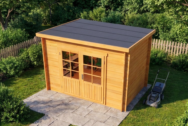 Modernes Gartenhaus aus Holz mit Flachdach und einer Doppeltür mit Lichtausschnitten in einem grünen Garten auf Steinplatten.