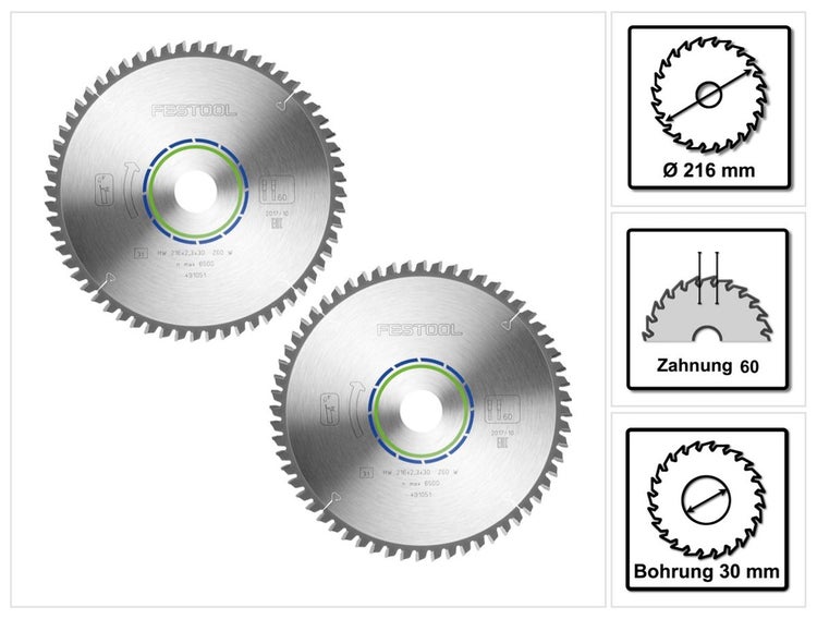 Festool Spezial Kreissägeblatt Set 2x HW 216 x 30 x 2,3 mm W60 ( 2x 491051 ) 216 mm 60 Zähne