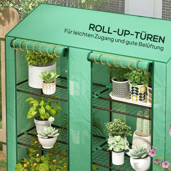 Kleingewächshaus mit Gitterfolie, Metallregalen und aufrollbaren Türen für Belüftung, bestückt mit verschiedenen Pflanzen in Töpfen.