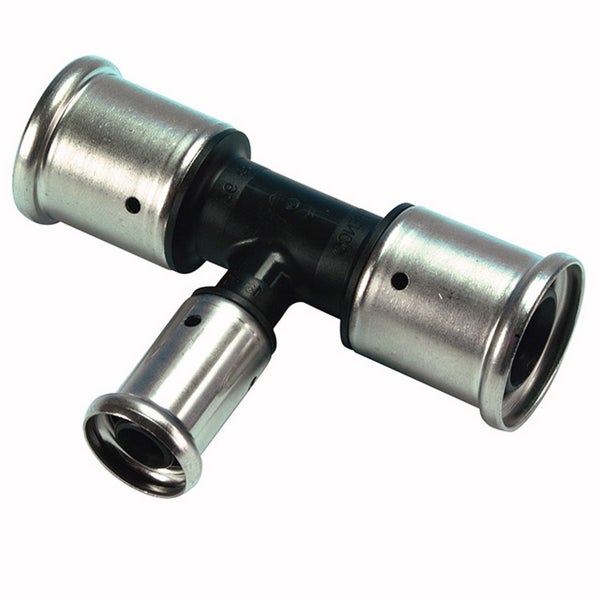 T-Stück Pressfitting aus Kunststoff mit Metallhülsen für Rohrverbindungen in der Sanitär- und Heizungsinstallation.
