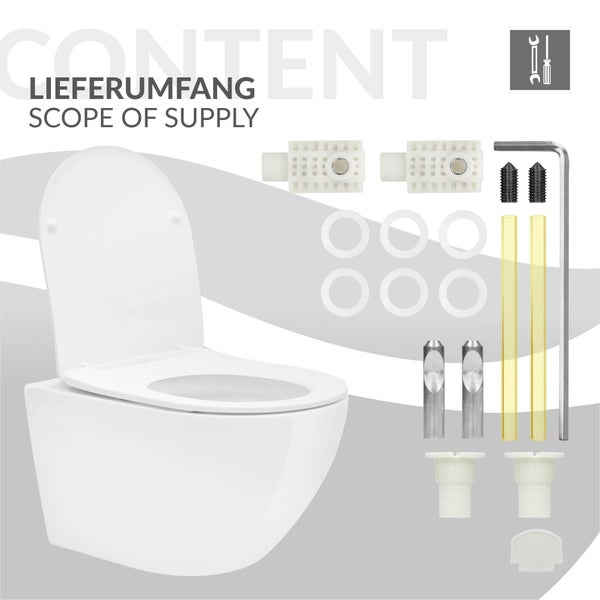 LuxeBath Wand WC Spülrandlos, Weiß, Tiefspüler Keramik Hänge WC lang 53,5 cm, Toilette ohne Spülrand mit Softclose-Klodeckel, Tornadospülung, Glänzende Kloschüssel Hängend mit WC-Sitz Absenkautomatik