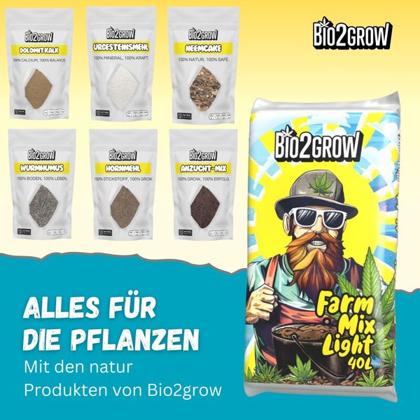 Bio2grow Sortiment für Pflanzen: Dolomitkalk, Urgesteinsmehl, Neemcake, Wurmhumus, Hornmehl, Anzucht-Mix und Farm Mix Light