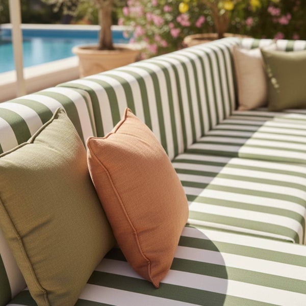 Gestreiftes Garten-Loungesofa mit Zierkissen auf einer hellen Terrasse neben einem Pool.