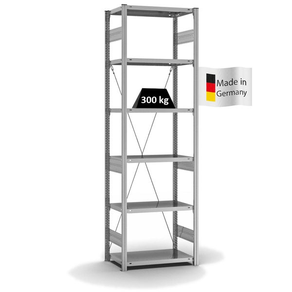 PROREGAL Fachbodenregal Stecksystem T-Profil Heavy-Duty Grundregal HxBxT 250 x 75 x 40 cm 6 Ebenen Fachlast 300 kg Einseitig Nutzbar Verzinkt