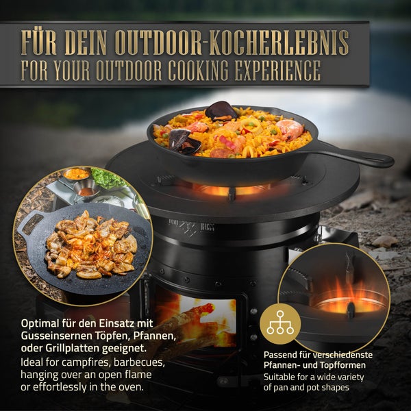 BBQ#BOSS Raketenofen mit Grillpfanne & Tragetasche, Schwarz, Campingkocher Holz mit Brennholzständer, Doppeltür, Camping BBQ Holzofen zum Kochen, Outdoor-Küche, Raketenherd für Dutch Oven Campinggrill