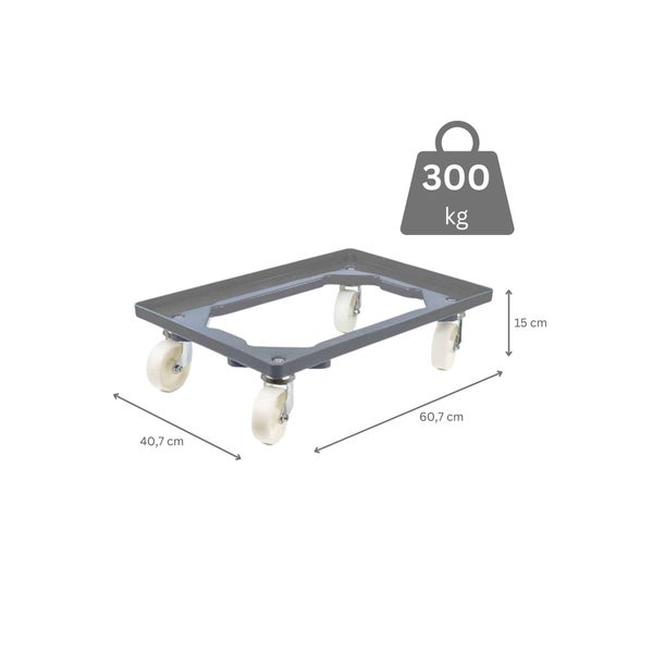 PROREGAL SparSet 6x Transportroller für Euroboxen 60 x 40 cm mit Kunststoffräder Grau Offenes Deck 4 Lenkrollen Traglast 300 kg