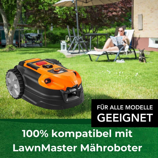 Rasenmäherroboter im Garten mit Liegestuhl, Gartentisch und Hund, geeignet für alle Modelle und kompatibel mit LawnMaster Mähroboter