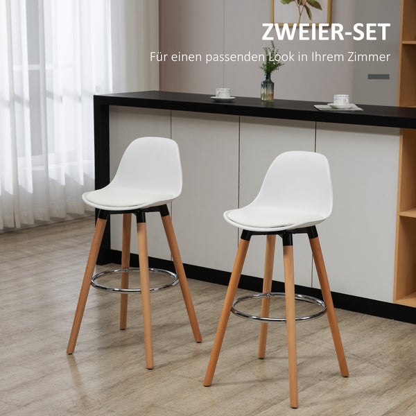 HOMCOM Barhocker 2er Set, Gepolstert Barstuhl mit Holzbeine und Rückenlehne, Küchenstühle mit Fußstütze aus Stahl, Tresenhocker für Küche, Wohnzimmer, Esszimmer, Kunstleder, Weiß