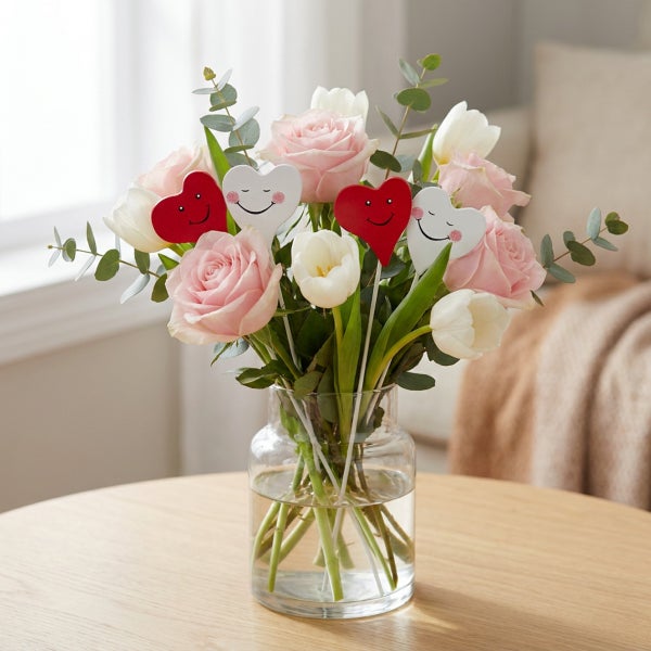 Blumenstrauß aus Rosen und Tulpen in Glasvase mit dekorativen Herzsteckern mit Gesicht auf einem Holztisch in einem hellen Wohnraum.