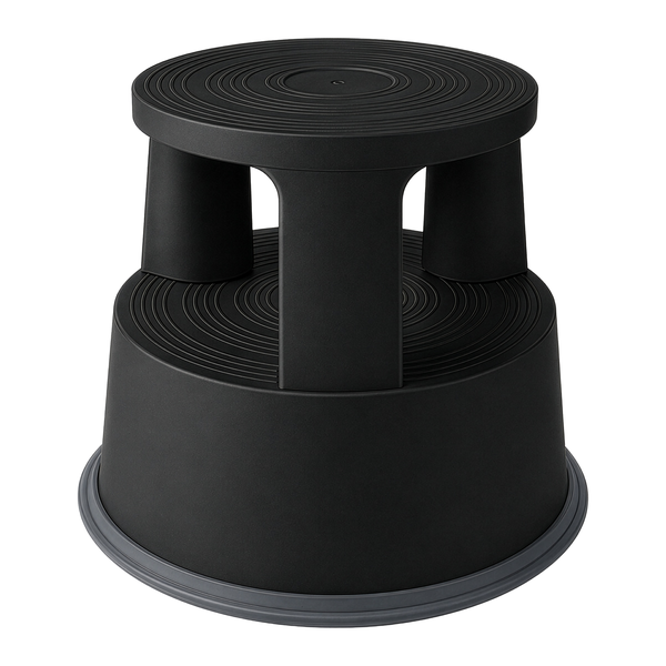 Schwarzer Rollhocker aus Kunststoff mit zwei Stufen.