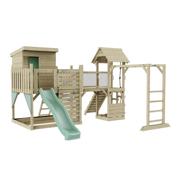 Spielanlage aus Holz mit Rutsche, Kletterwand, Schaukel und Spielhaus