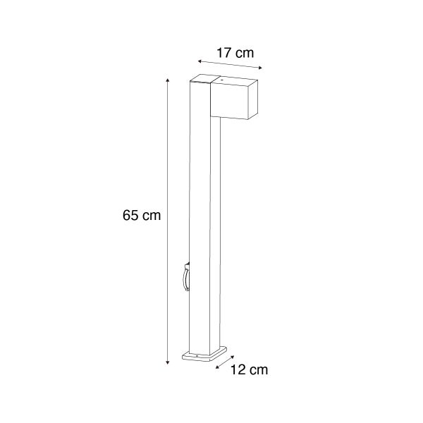 Technische Zeichnung einer Wegeleuchte mit den Maßen: Höhe 65 Zentimeter, Breite 17 Zentimeter und Tiefe 12 Zentimeter.