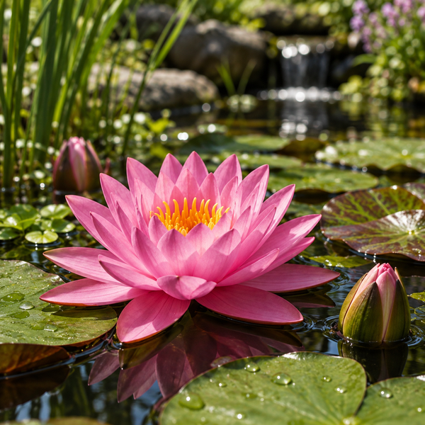 Eine blühende Seerose in einem Teich umgeben von grünen Blättern und einer Wasserpflanze im Hintergrund.