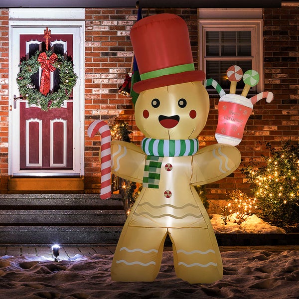HOMCOM Weihnachts Aufblasbarer Lebkuchenmann 2,35 m Weihnachtsdekoration mit LED-Lichtern und Zuckerstange Weihnachten Gärten Dekoration automatisches Aufblasen Wassderdicht Polyester Orange